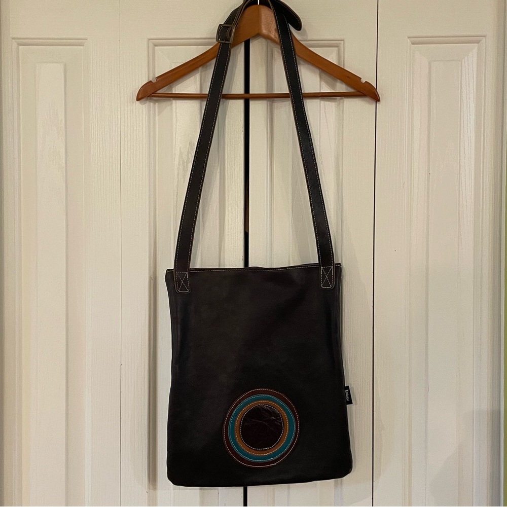 100% Leather Kolash shoulder bag. Black with brown, orange and turquoise detail